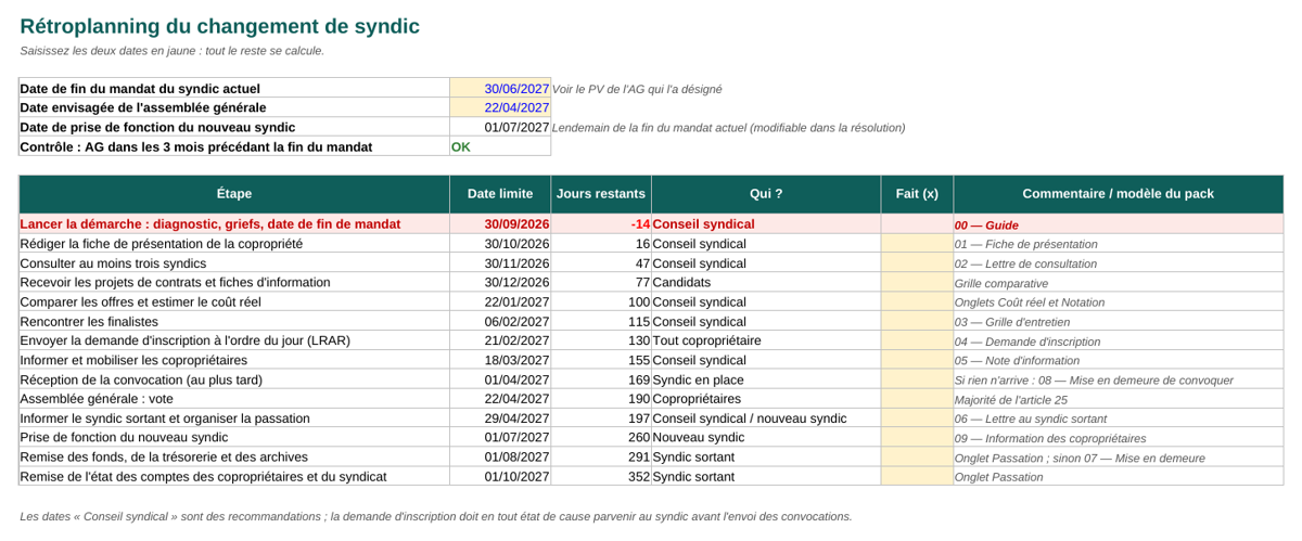 Onglet Rétroplanning : étapes du changement de syndic avec dates limites calculées et jours restants